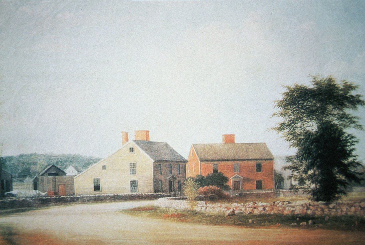 O local de nascimento de John Adams (1735-1826) em Braintree, agora Quincy, Massachusetts (cor litho) de American School
