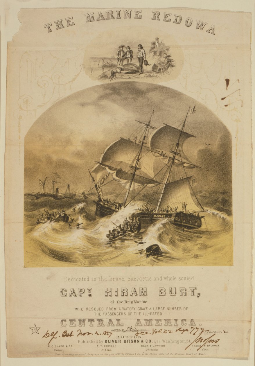 O brigue Marine resgatando passageiros em barcos salva-vidas do navio a vapor SS América Central depois de ter sido apanhado num furacão ao largo das Carolinas em Setembro de 1857. Mais de 550 afogados e 30.000 libras (14.000 kg) de ouro californiano foram de American School