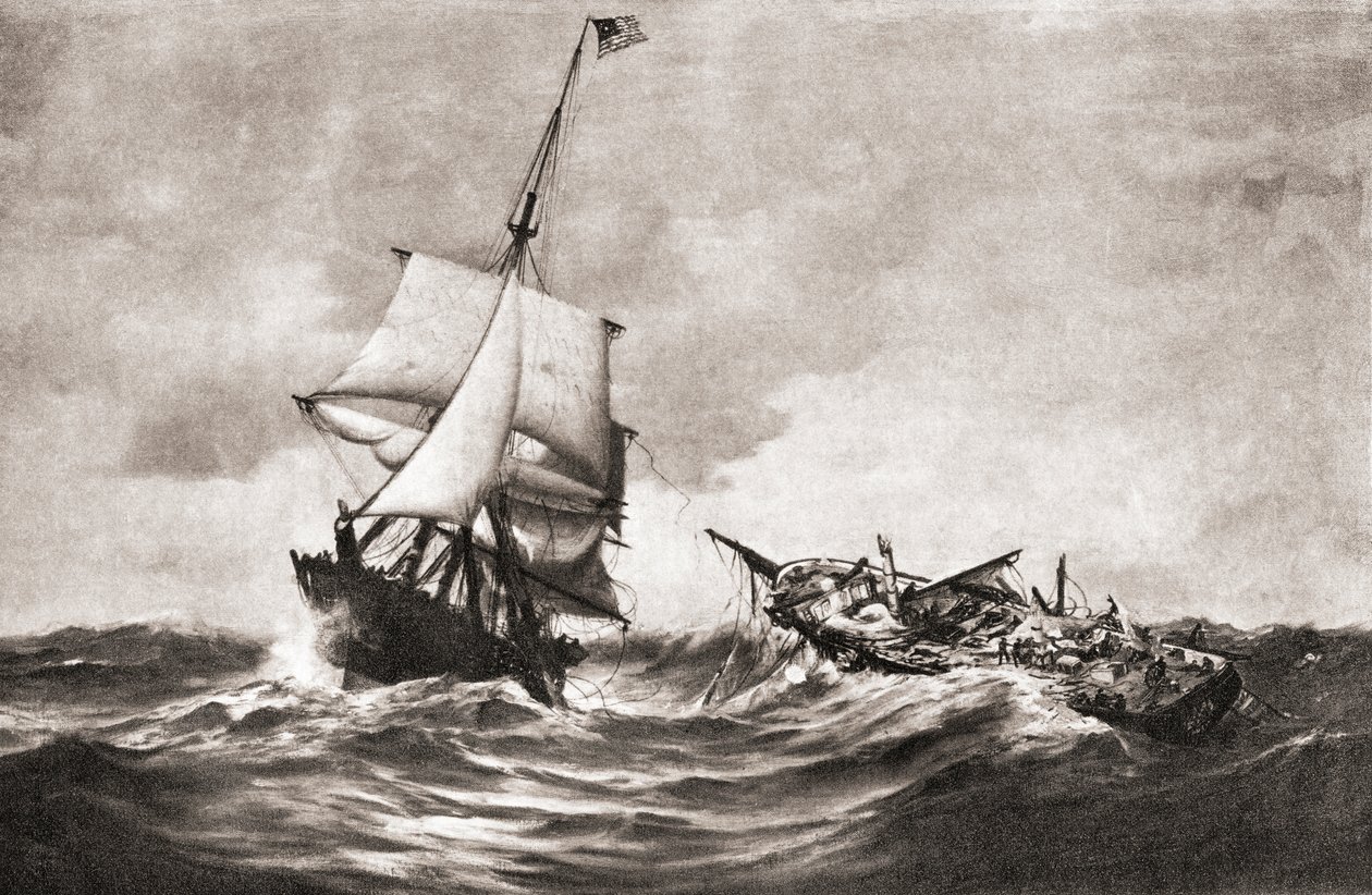A captura do HMS Frolic pelo navio de guerra USS Wasp, uma ação naval travada no Atlântico em 18 de outubro de 1812, durante a Guerra de 1812, de "The History of Our Country", publicado em 1905 (litografia) de American School