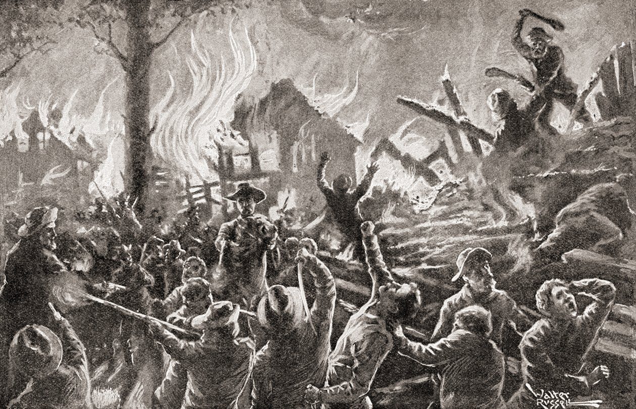 A guerra civil no Kansas, também conhecida por Bleeding Kansas, Bloody Kansas ou Border War, de "The History of Our Country", publicada em 1905 (litografia) de American School