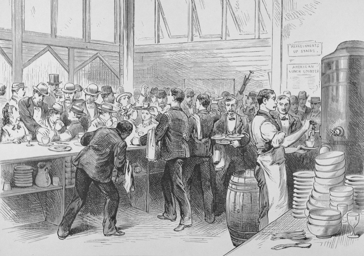 O balcão de almoço lotado de uma estação ferroviária americana de American School