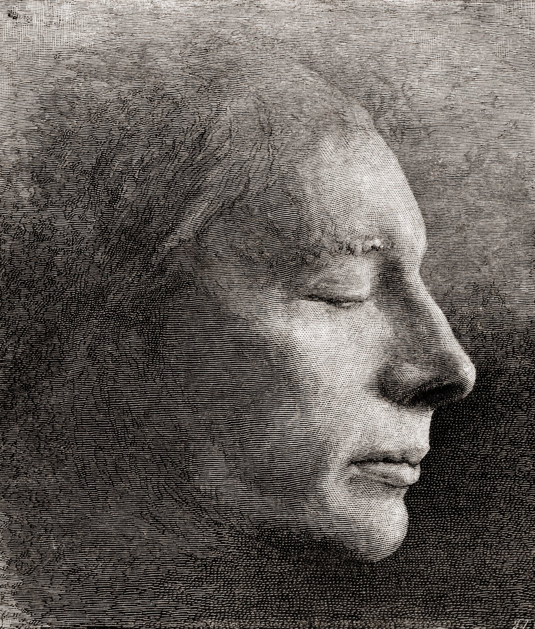 A máscara mortuária de John Keats, da "The Century Illustrated Monthly Magazine", publicada em 1884 (gravura) de American School