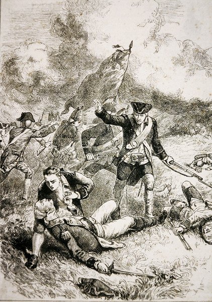 A morte do Major John Pitcairn dos Fuzileiros Britânicos na Batalha de Bunker Hill de American School