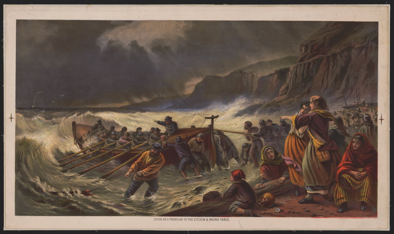A partida, lançamento do barco salva-vidas, c.1878 (cromolitografia) de American School