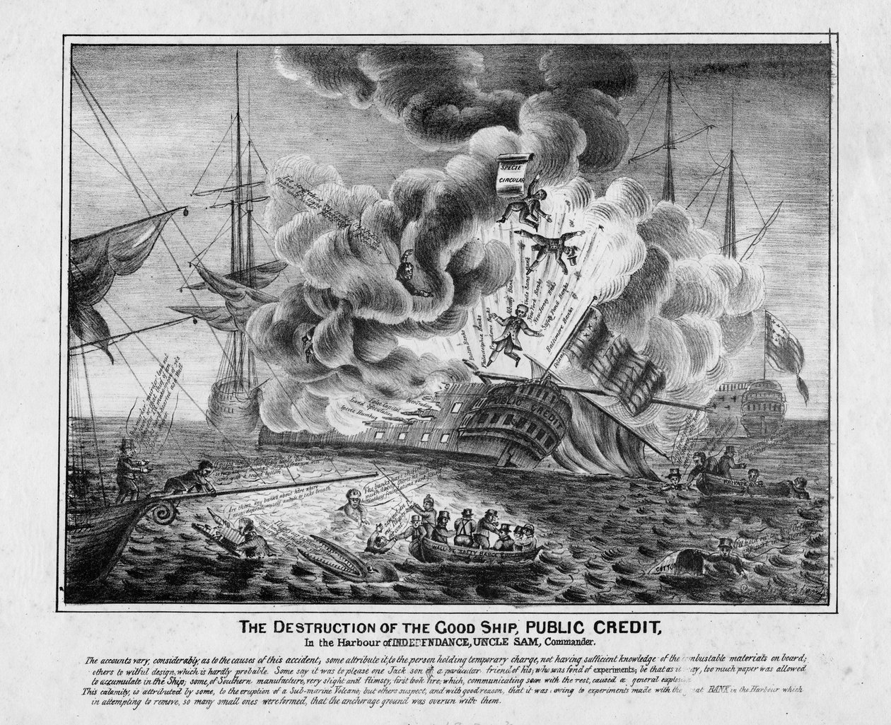 A destruição do bom navio Crédito Público, no porto da Independência, Tio Sam, Comandante, c.1836 de American School