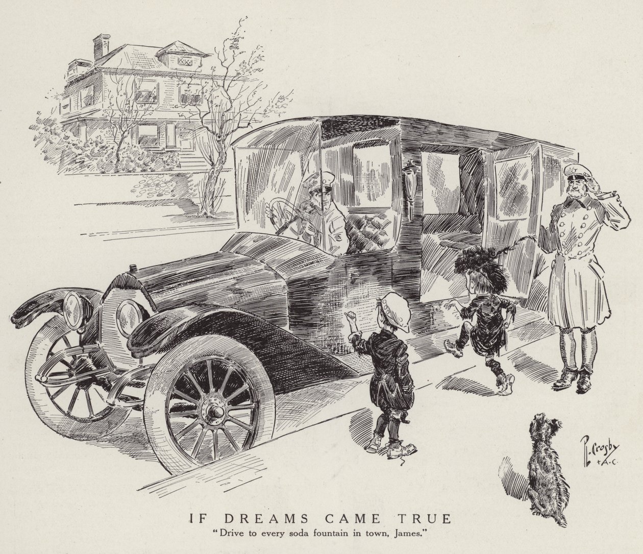 O sonho de um jovem rapaz que deseja ser conduzido por um motorista a todas as fontes de refrigerantes da cidade (litografia) de American School