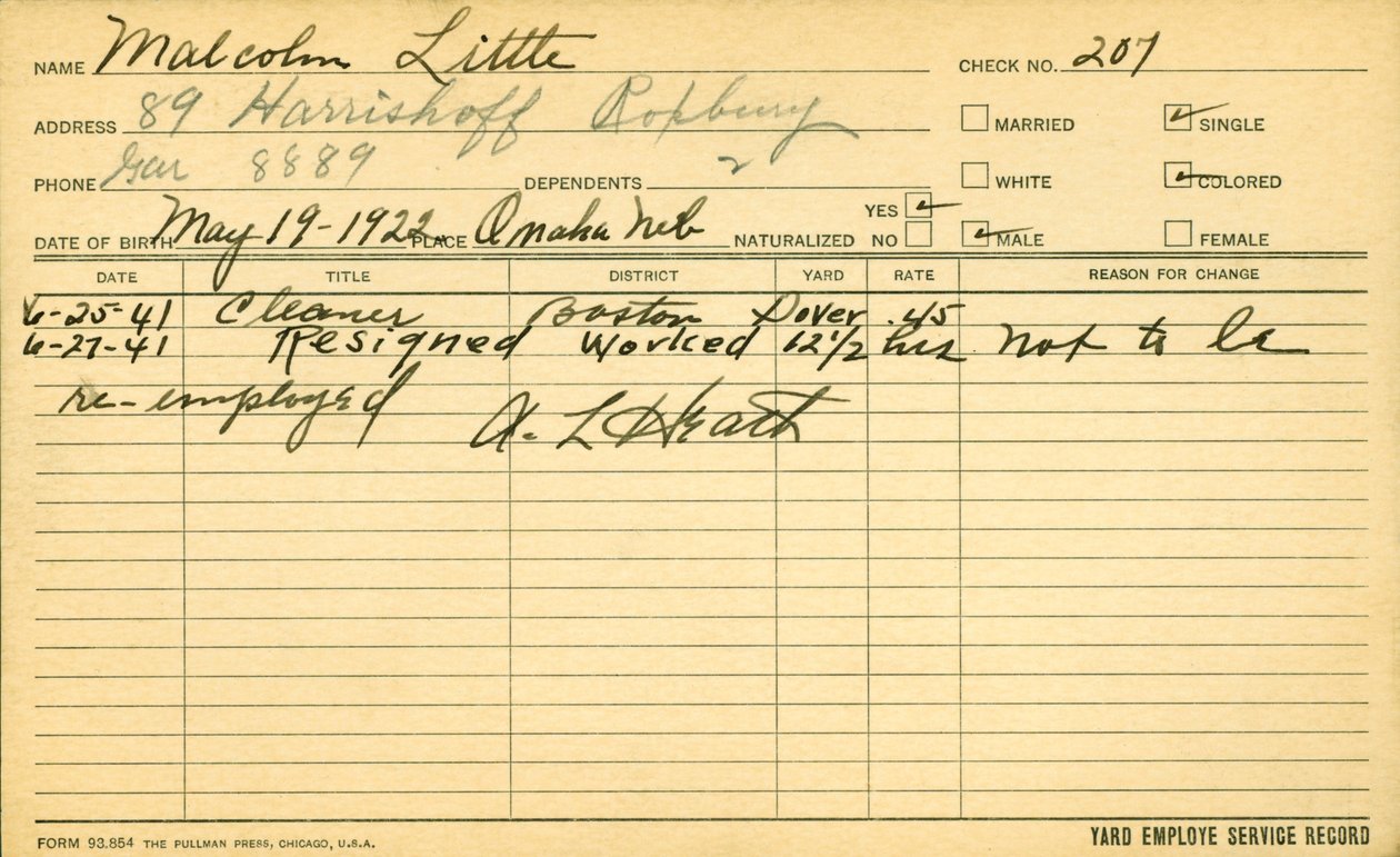 O registro de serviço do empregado de Malcolm X (1925-65) de American School