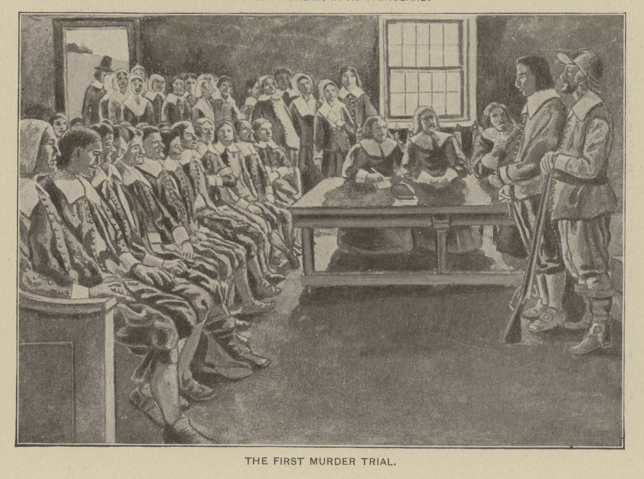 O primeiro julgamento por homicídio em Nova Inglaterra (litografia) de American School