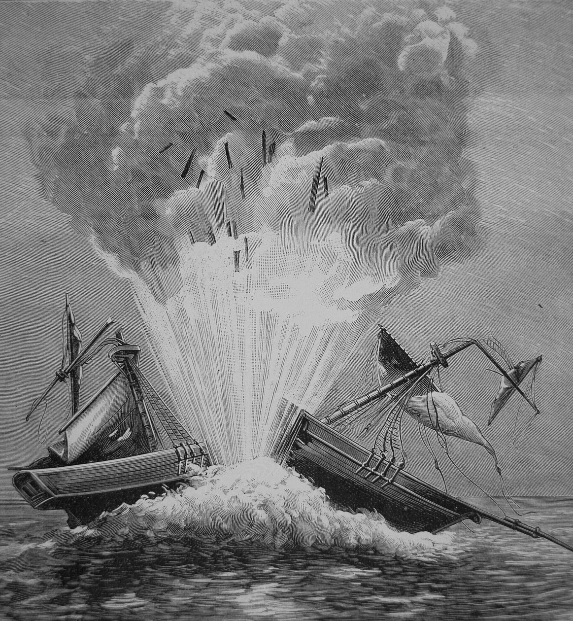 O primeiro torpedo, inventado por Robert Fulton (1765-1815) explode a prisão dinamarquesa "Dorothee", na baía de Walmer. de American School