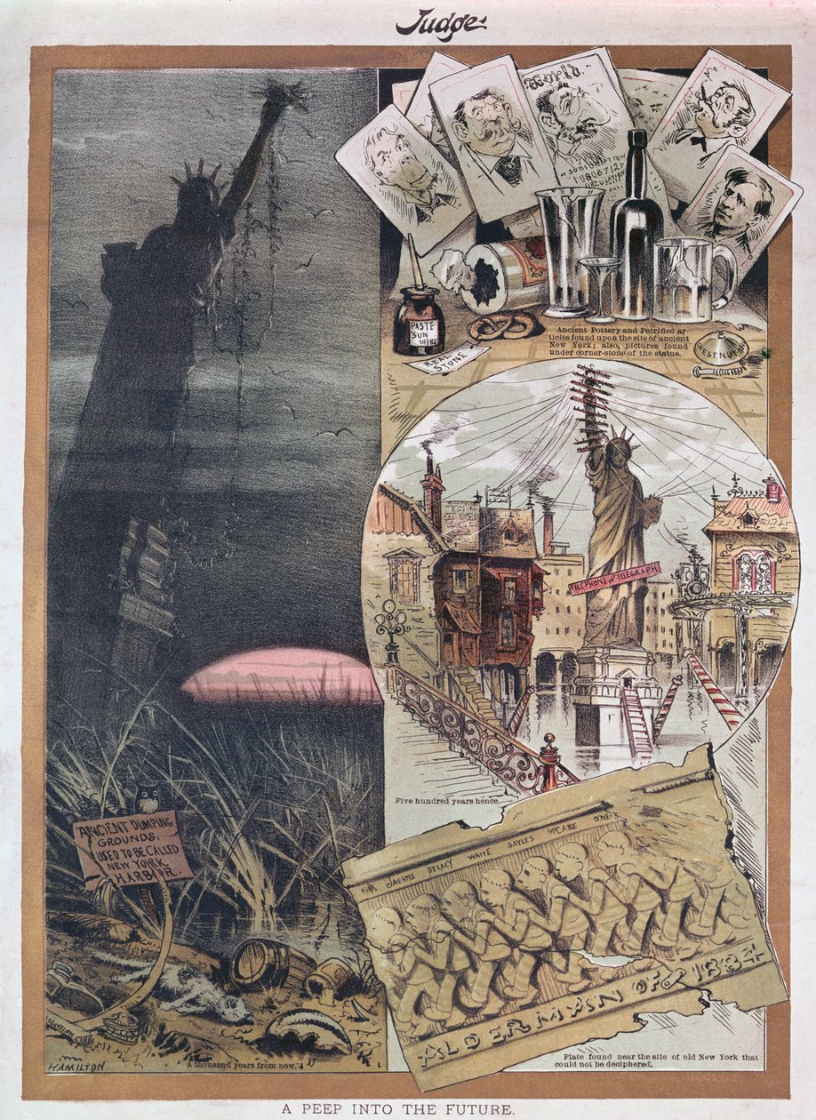 O futuro da estátua da liberdade. caricatura da revista Judge na época de sua construção em 1886 de American School