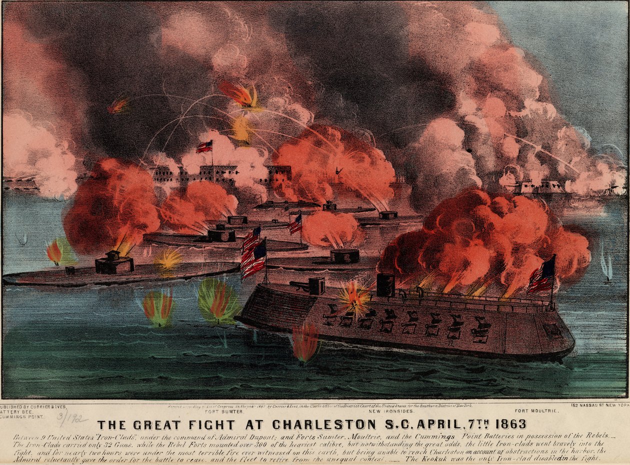 A grande luta em Charleston SC, 7 de abril de 1863, pub. Currier e Ives, 1863 de American School