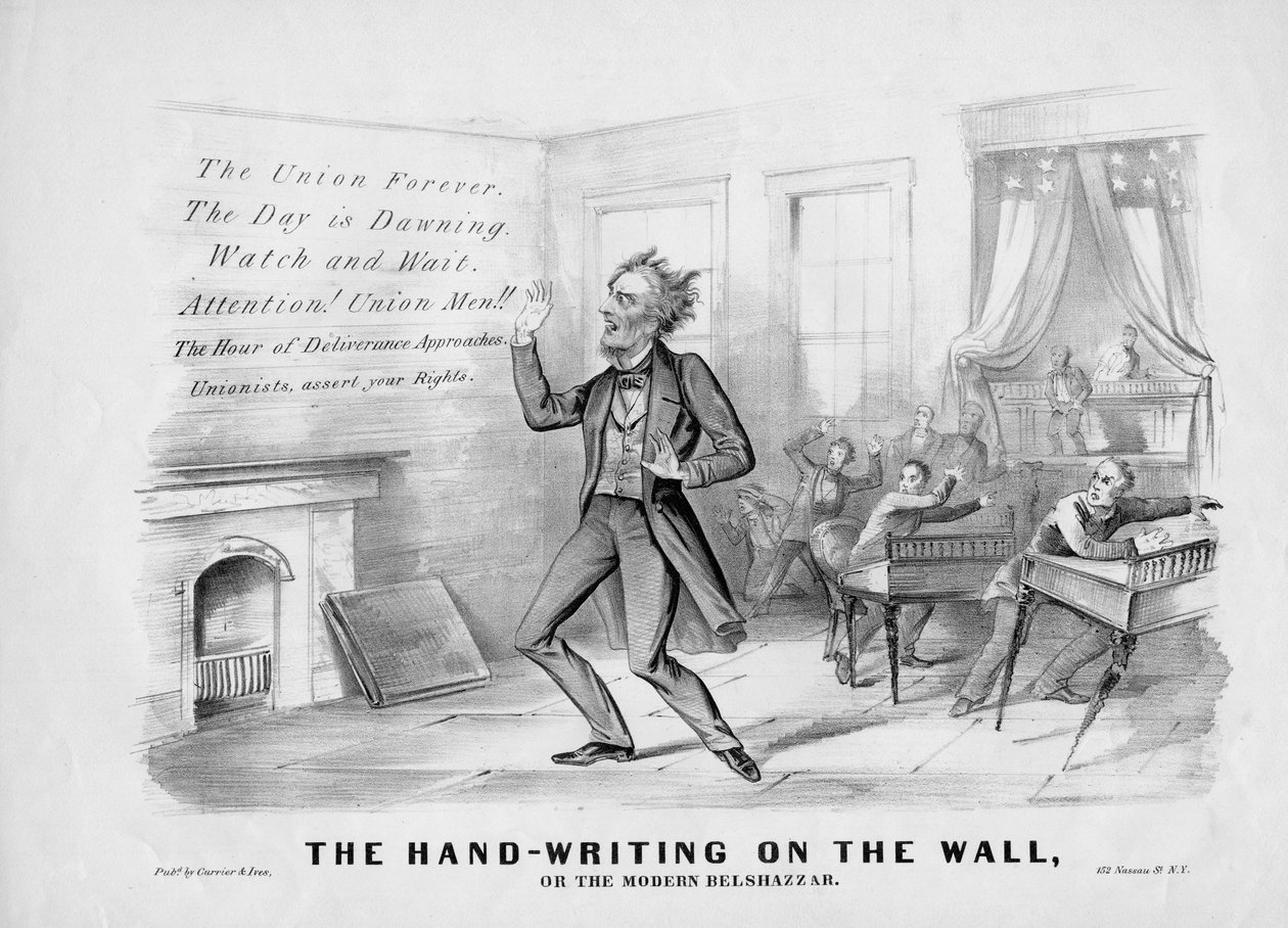 A escrita à mão na parede, ou, O moderno Belsazar, publicado por Currier & Ives, Nova York, c.1864 de American School