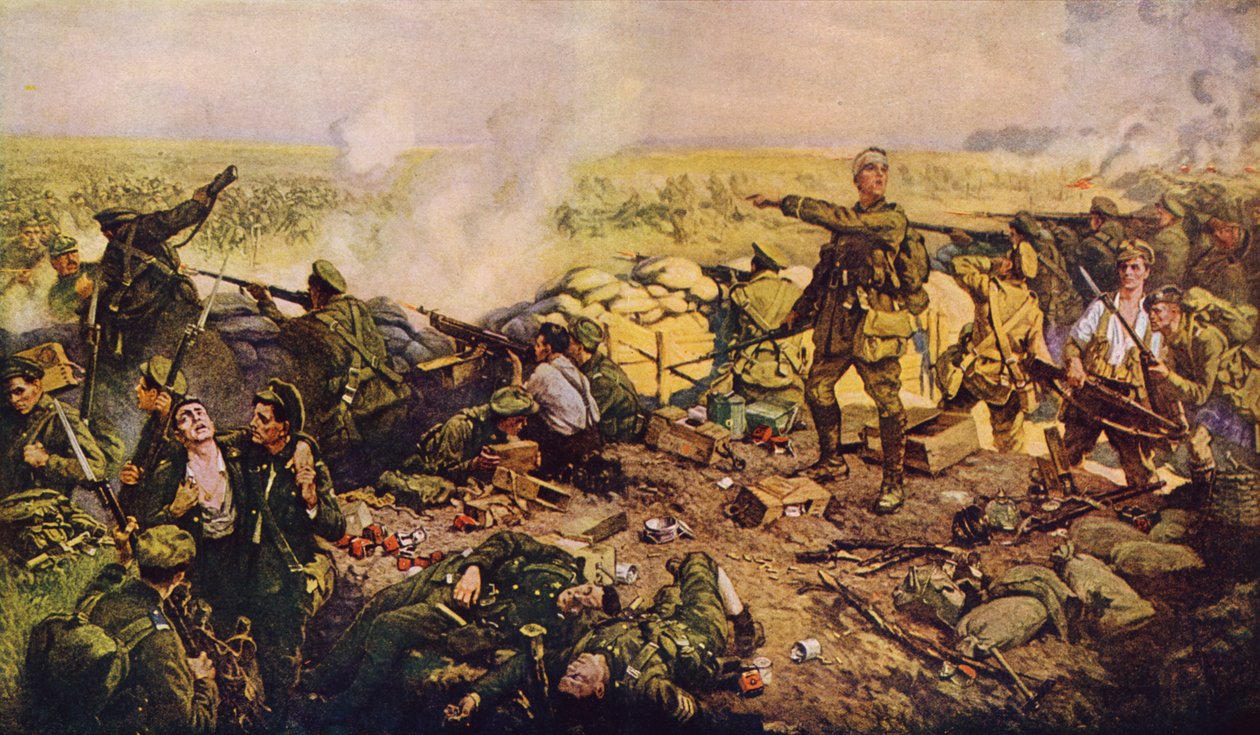 Os indomáveis canadianos na famosa Batalha de Ypres (litografia a cores) de American School
