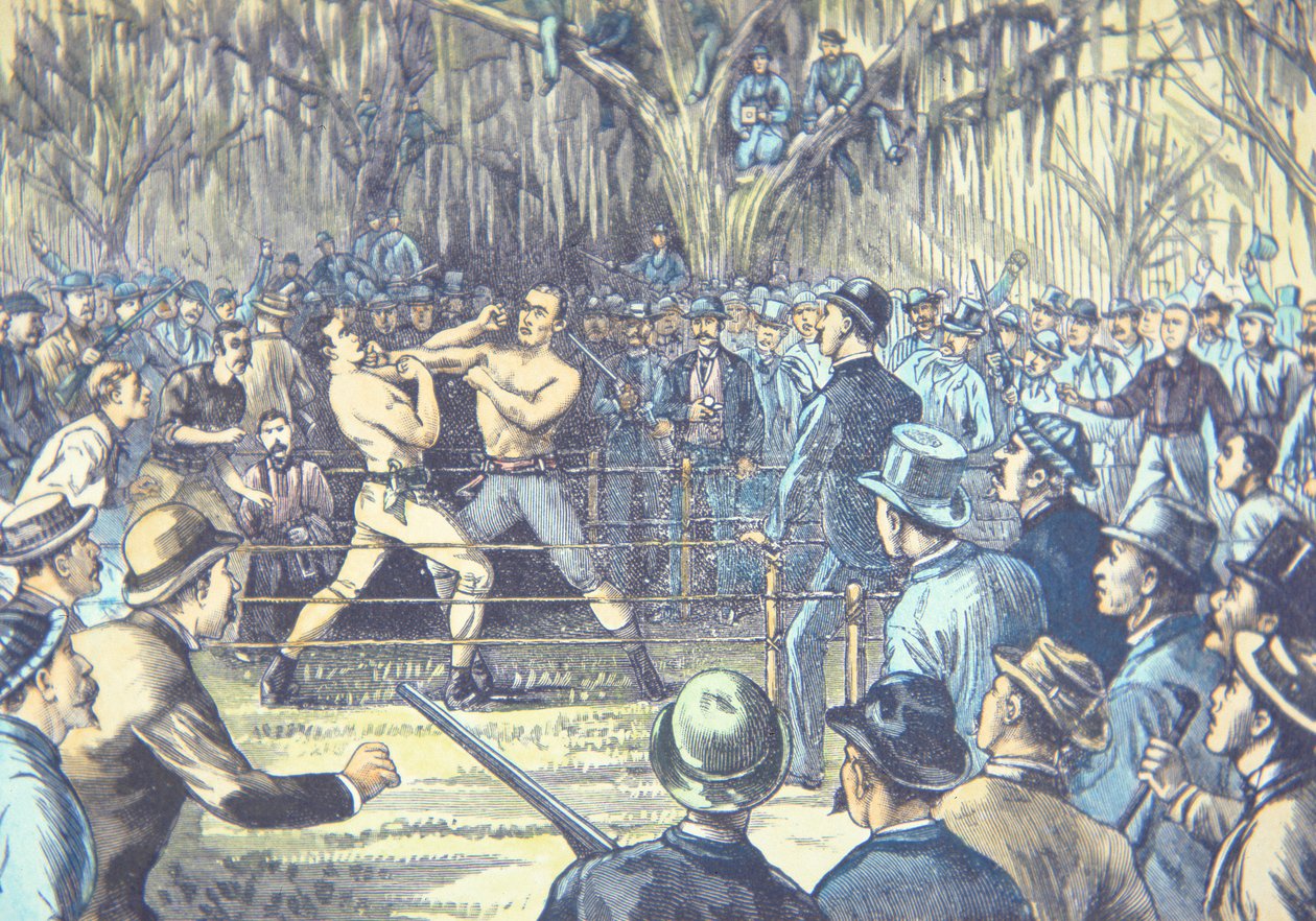A última luta do campeonato de boxe nua em 1889, John L. Sullivan contra Jake Kilrain em Richburg, Mississippi (cor litho) de American School