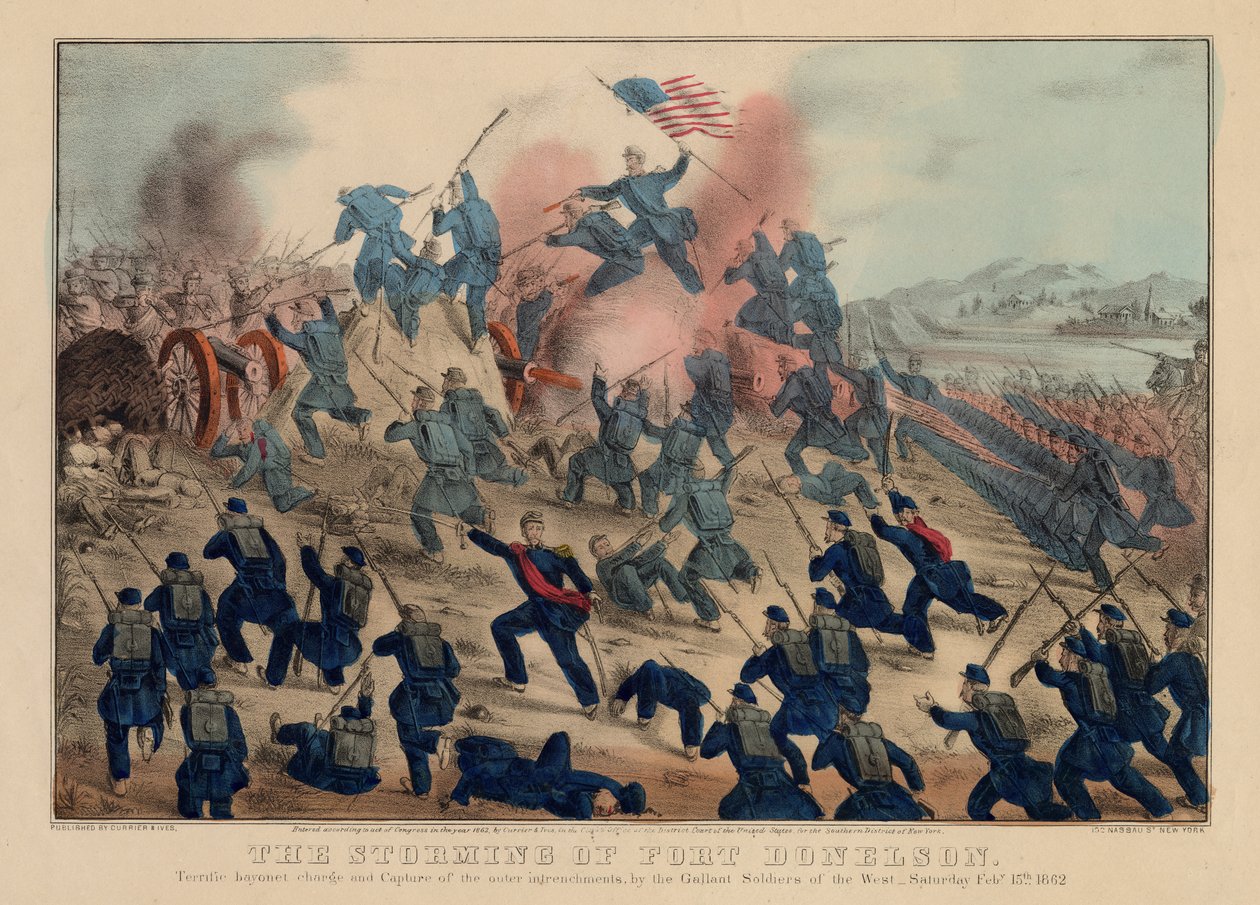 A tomada de Fort Donelson, pub. por Currier & Ives, 1862 de American School