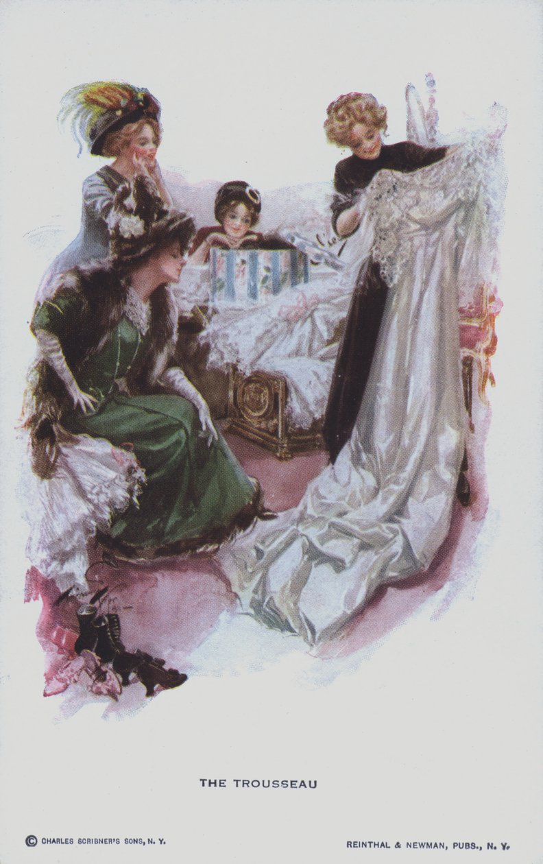 O enxoval: uma futura noiva a olhar para um vestido de noiva (litografia a cores) de American School