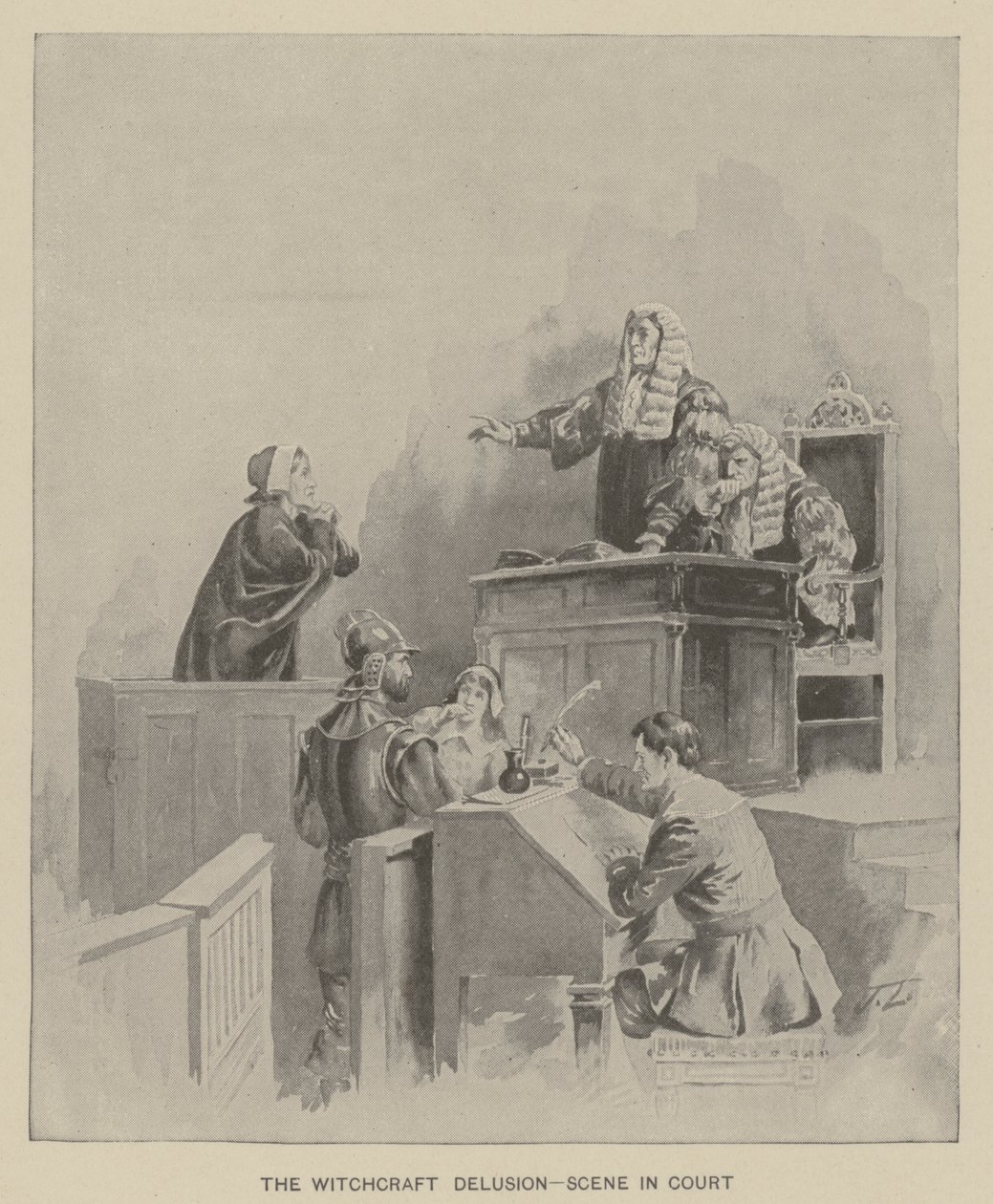 A ilusão da bruxaria - cena no tribunal (litografia) de American School