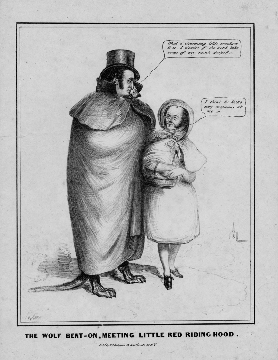 O lobo empenhado, encontrando Chapeuzinho Vermelho, publicado por HR Robinson, Nova York, c.1840 de American School