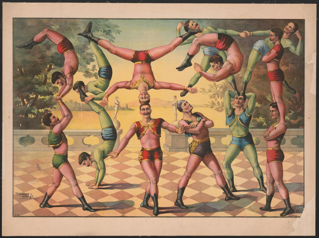 Treze homens a fazer acrobacias, c.1891 (litografia a cores) de American School