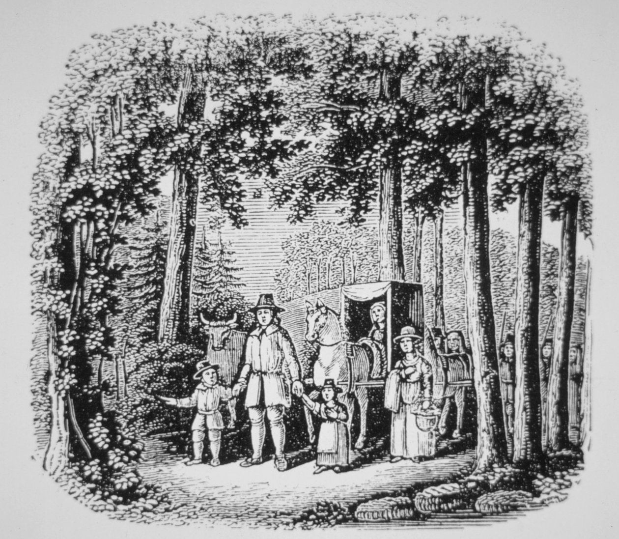 Thomas Hooker conduzindo seus paroquianos para a região selvagem de Connecticut (Litho) de American School
