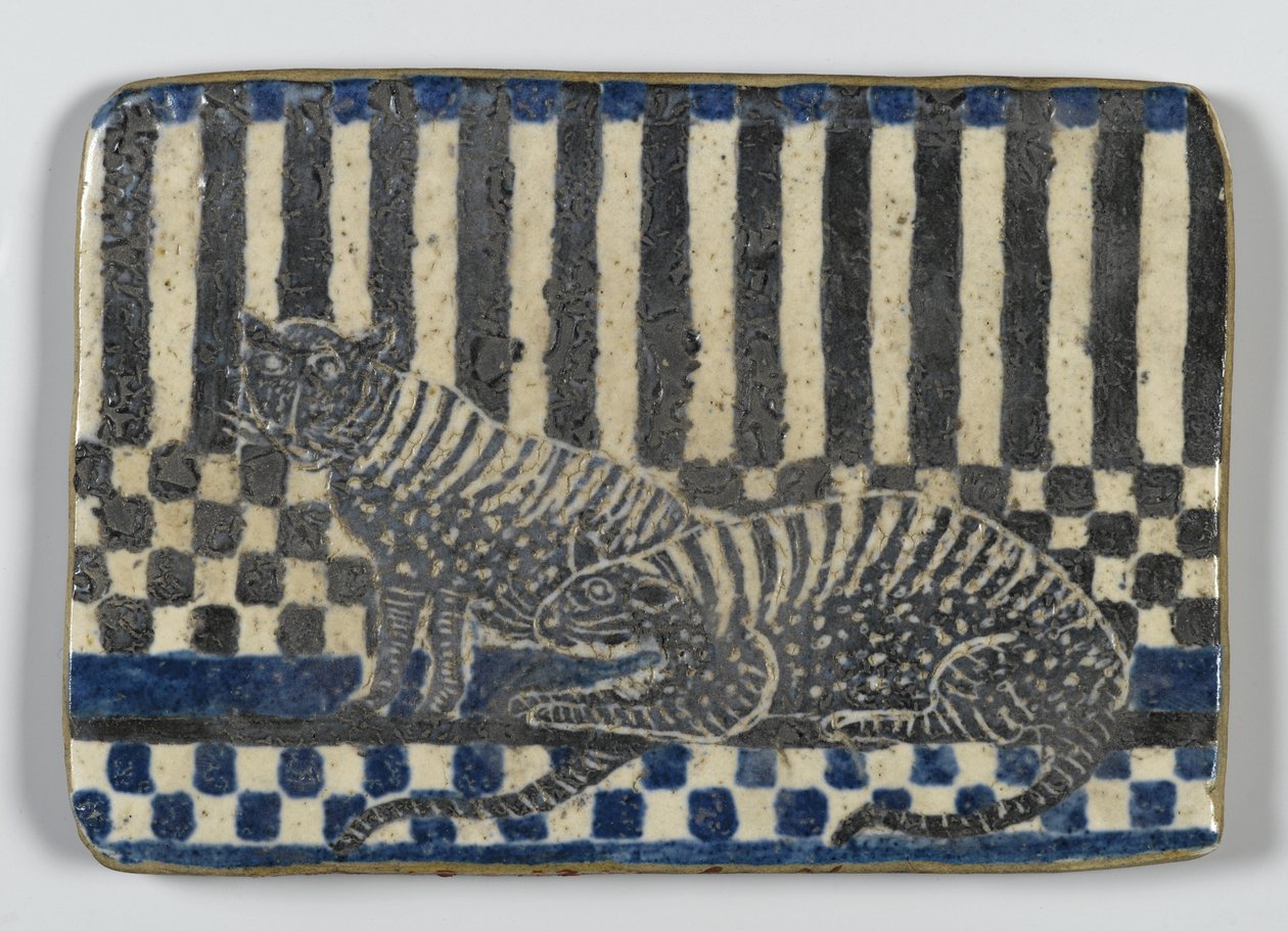 Azulejo com gatos selvagens (louça de barro vidrada) (para ver em verso 342198) de American School
