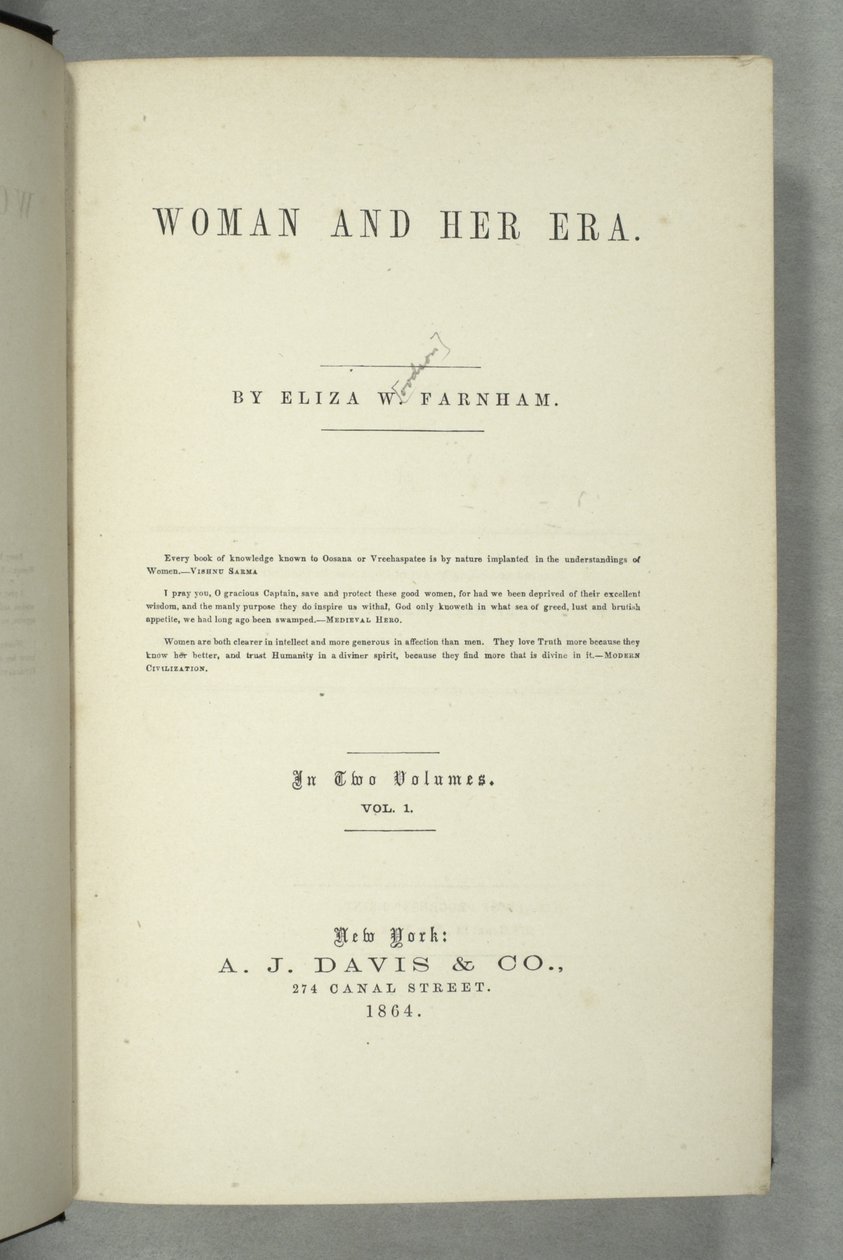 Titlepage de Women and Her Era, de Eliza Wood Farnham (1815-64), publicado em Nova York, 1864 (impresso) de American School