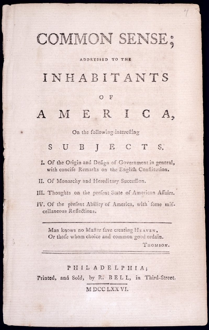 Titlepage to Common Sense de Thomas Paine (1737-1809) 1776 (versão impressa) de American School