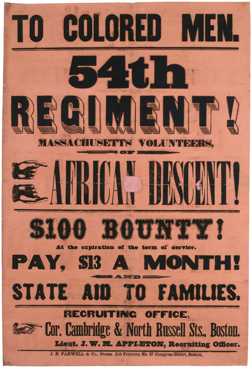 Para homens de cor. 54º Regimento! Voluntários de Massachusetts, de ascendência africana, 1863 de American School