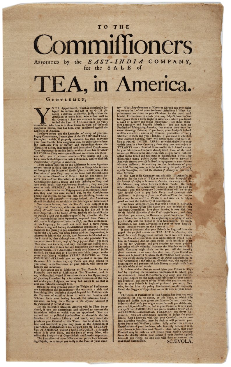 Aos comissários nomeados pela Companhia das Índias Orientais, para a venda de chá, na América, assinaram Scaevola, 1773 de American School