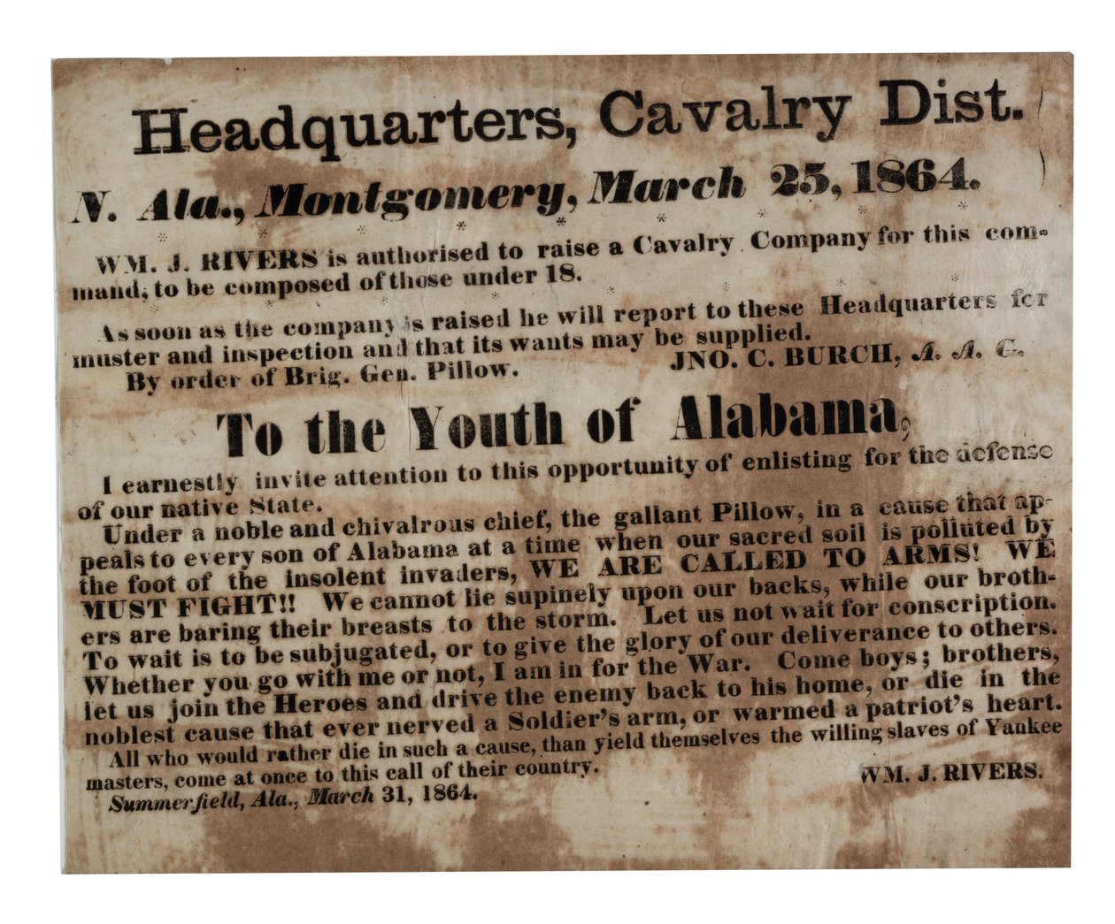 Para a Juventude do Alabama: Estamos chamando as armas! (broadside recrutamento), 25 de março de 1864 de American School