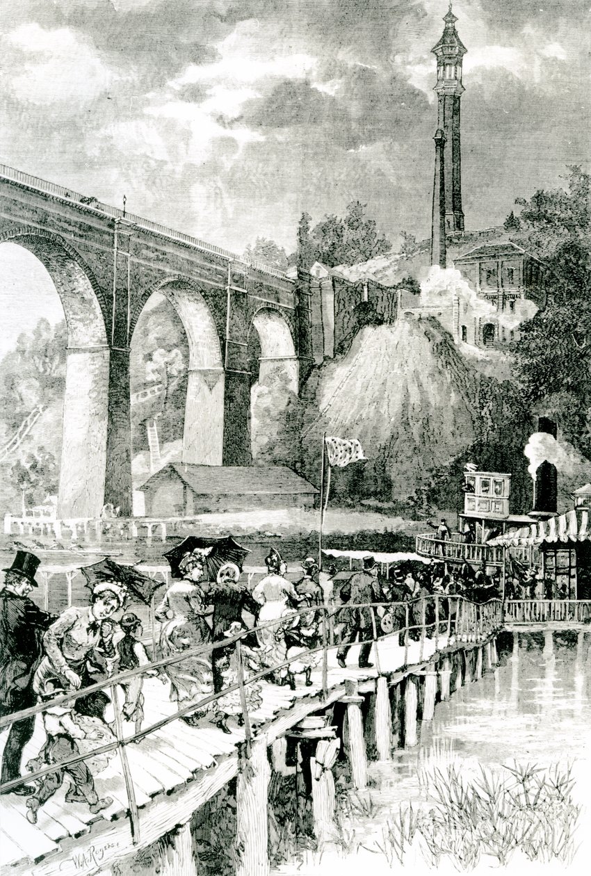 Turistas, voltando, para, seu, steamer, ligado, a, rio harlem, com, ponte alta, à esquerda, gravado, por, wa, Rogers, para, harpistas, semanal, 24 julho, 1880 de American School