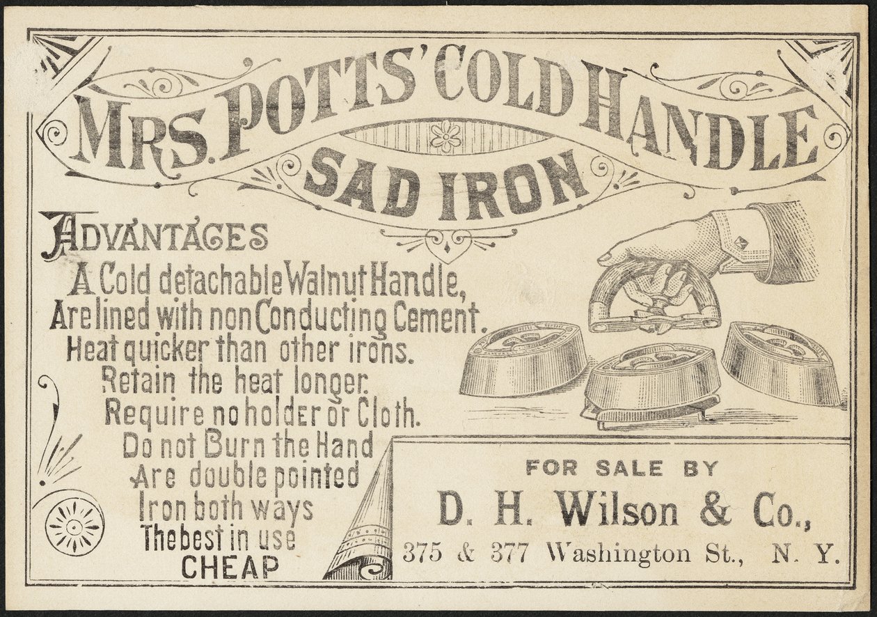 Cartão comercial para Mrs. Potts "Cold Handle Sad Iron, c.1870-1900 de American School