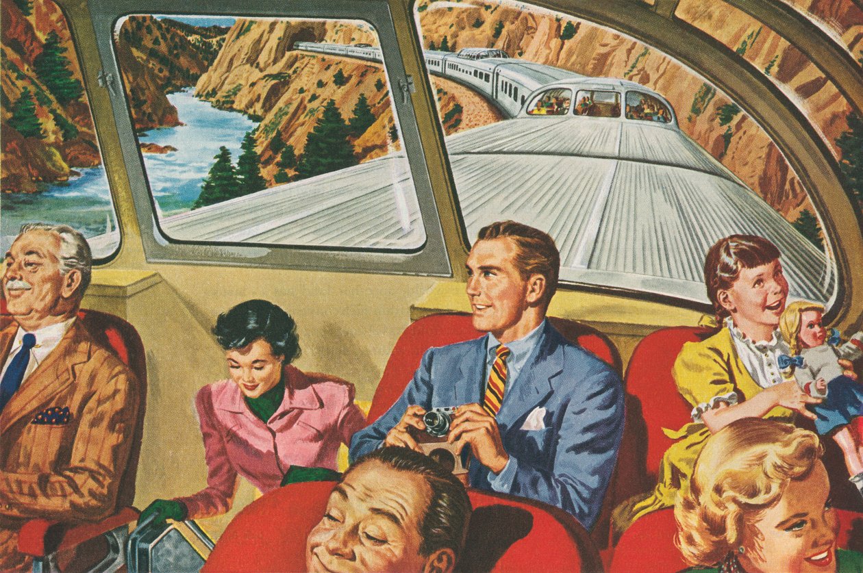 Viajantes que desfrutam de uma viagem de comboio futurista de American School