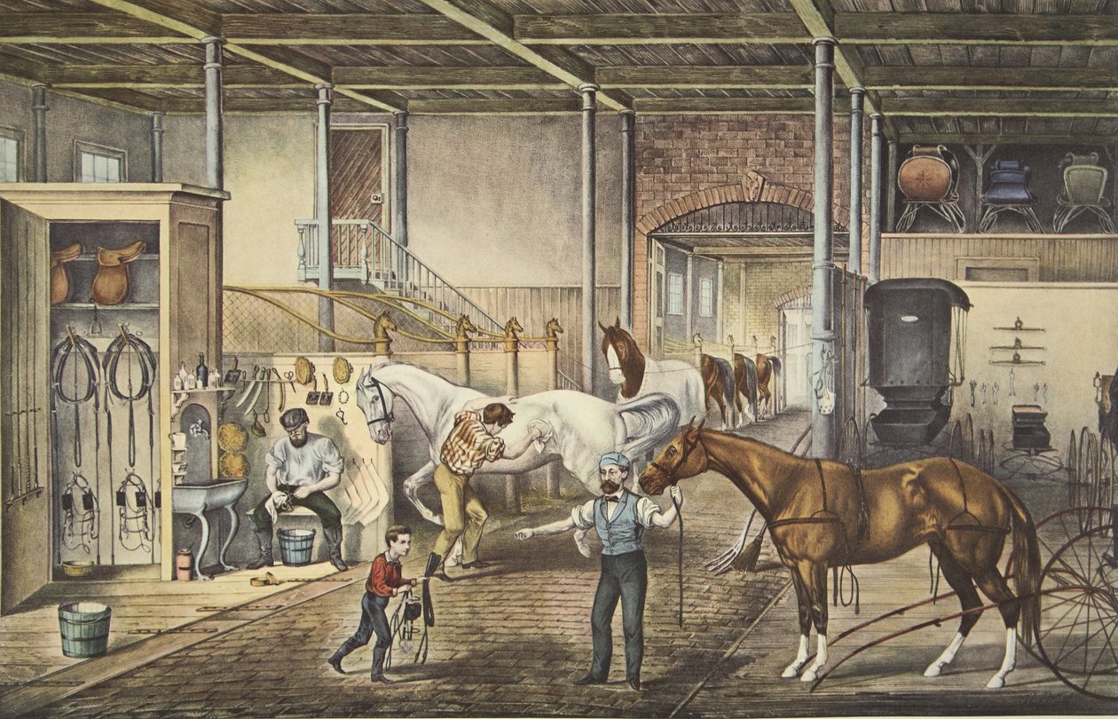 Rachaduras trotando em casa, um modelo estável, pub. 1868, Currier & Ives de American School