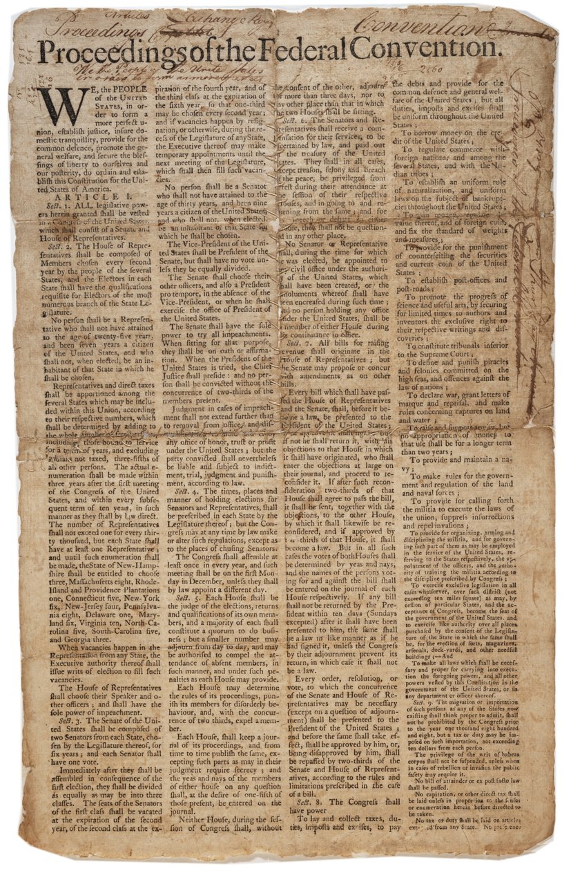 Constituição dos EUA, 10 de setembro de 1787 (ver também GLC 696084) de American School