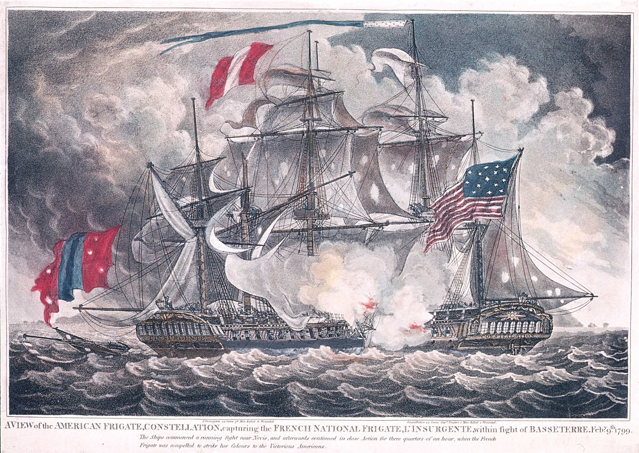 Constelação de Fragata dos EUA Captura o LInsurgente nas Índias Ocidentais na Batalha de Basseterre, 9 de fevereiro de 1799, publicada em 1800 de American School