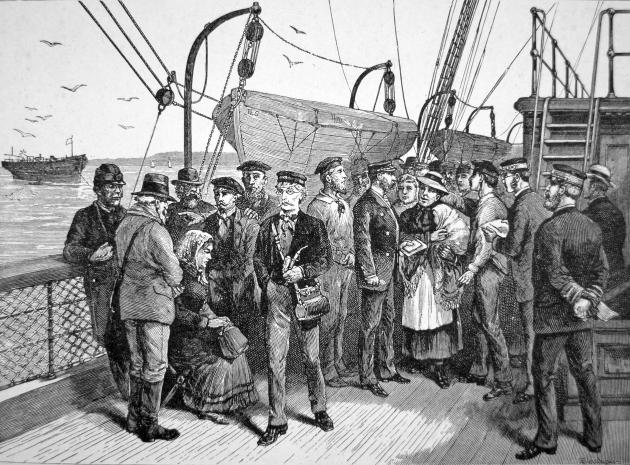 Agentes de saúde do Governo dos EUA num navio de emigrantes, Quarantine Point, Nova Iorque de American School
