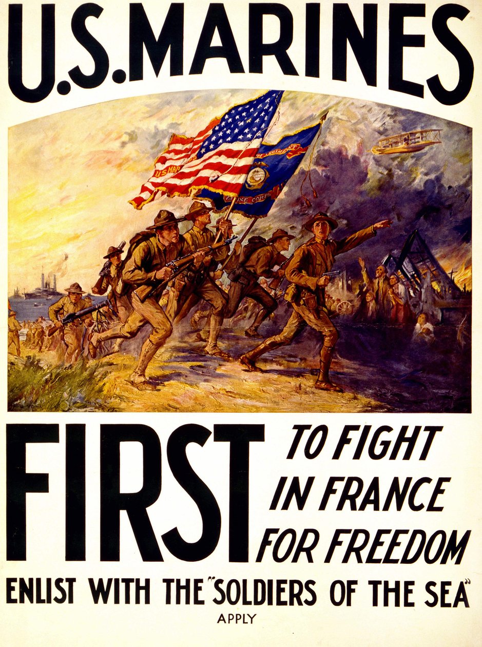Fuzileiros Navais dos EUA - cartaz sobre soldados que lutam pela liberdade na França (1914 -1918) de American School
