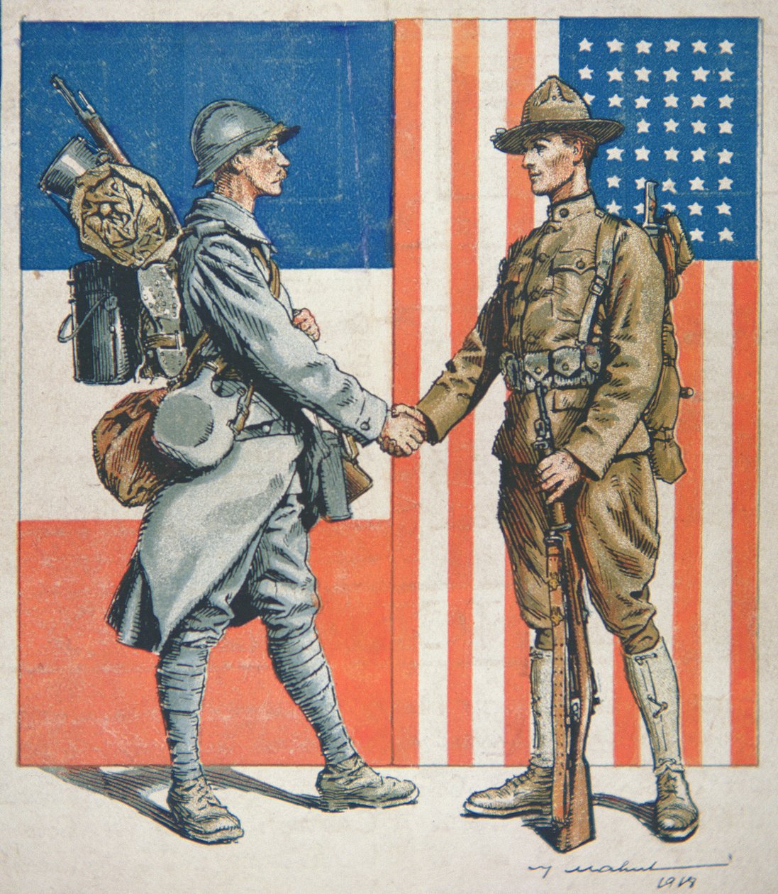 Soldado americano aperta a mão a um soldado francês, a entrada da América na Primeira Guerra Mundial de American School