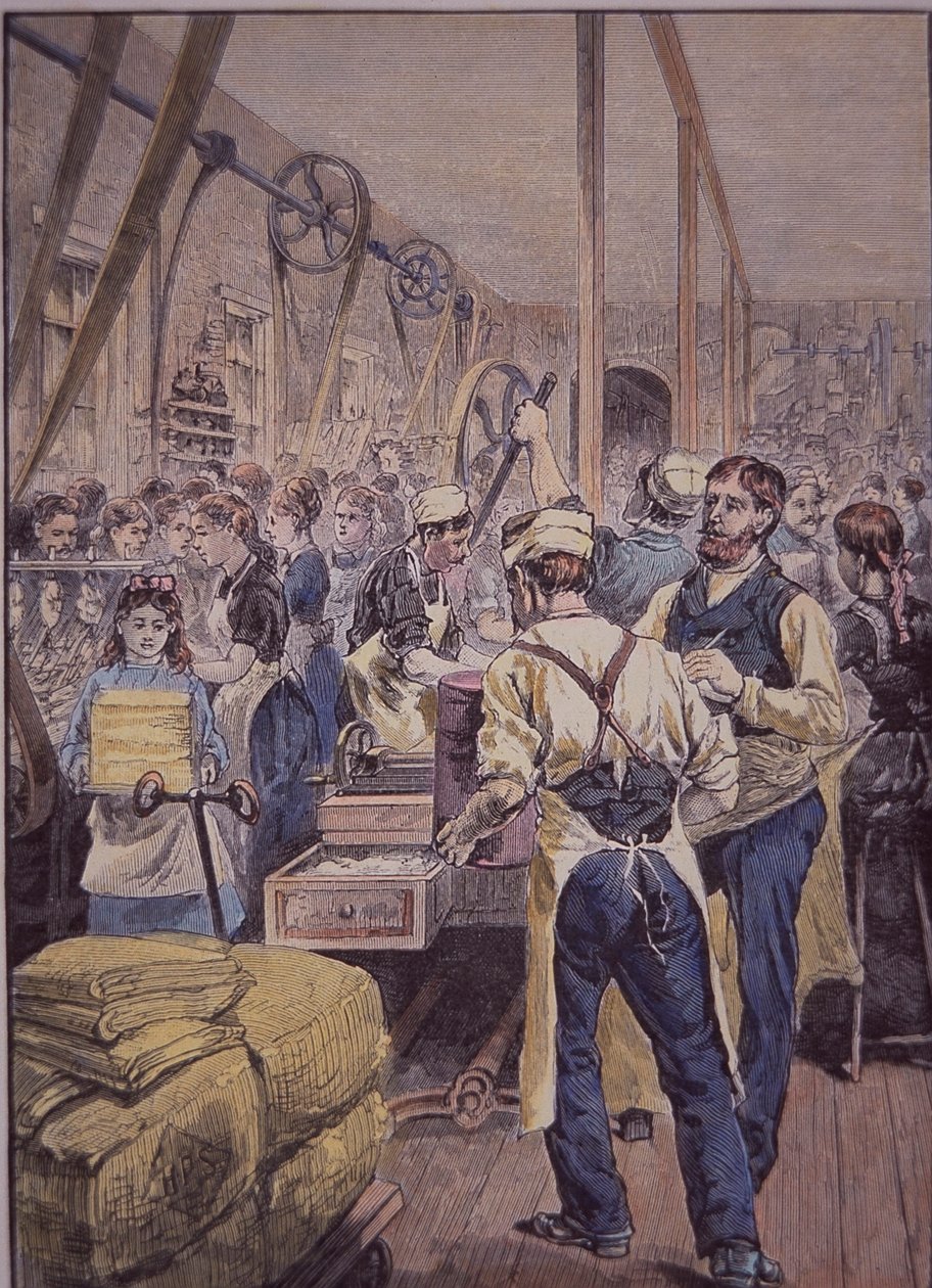 Indústria têxtil dos EUA, fábrica têxtil do Norte, c.1870 (gravura colorida) de American School