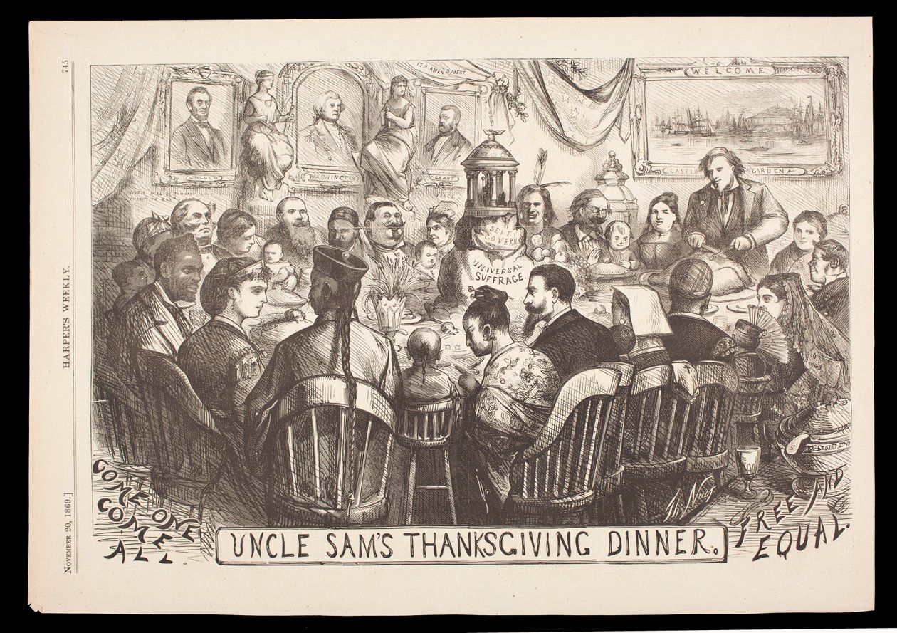 Tio Sams Jantar de Ação de Graças gravado por Thomas Nast, Harpers Weekly, 20 de novembro de American School