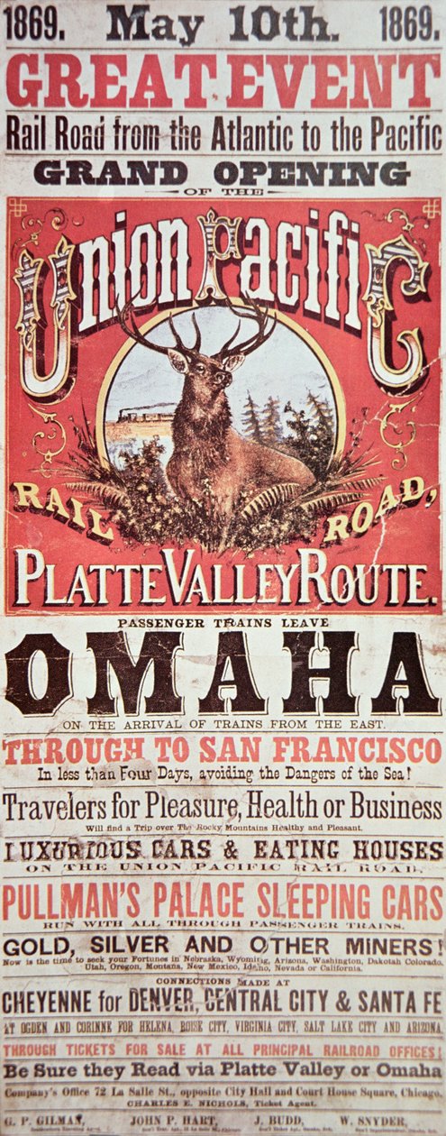 Cartaz da Union Pacific Railroad anunciando a primeira estrada de ferro transcontinental através dos EUA de American School