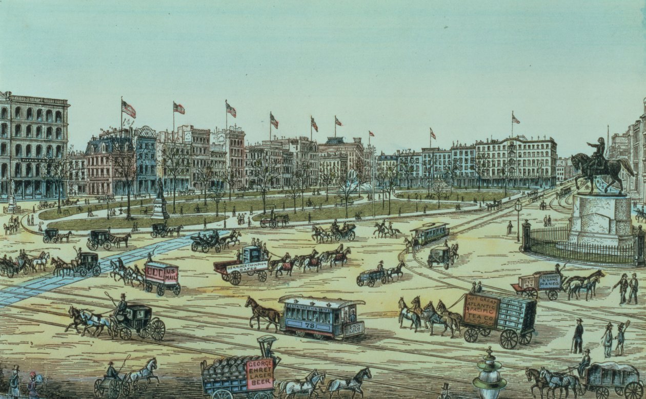 Union Square e Fourteenth Street a Seventeenth Street, a partir de uma série de 48 vistas de Nova York e Environs, pub. de Charles Magnus de American School