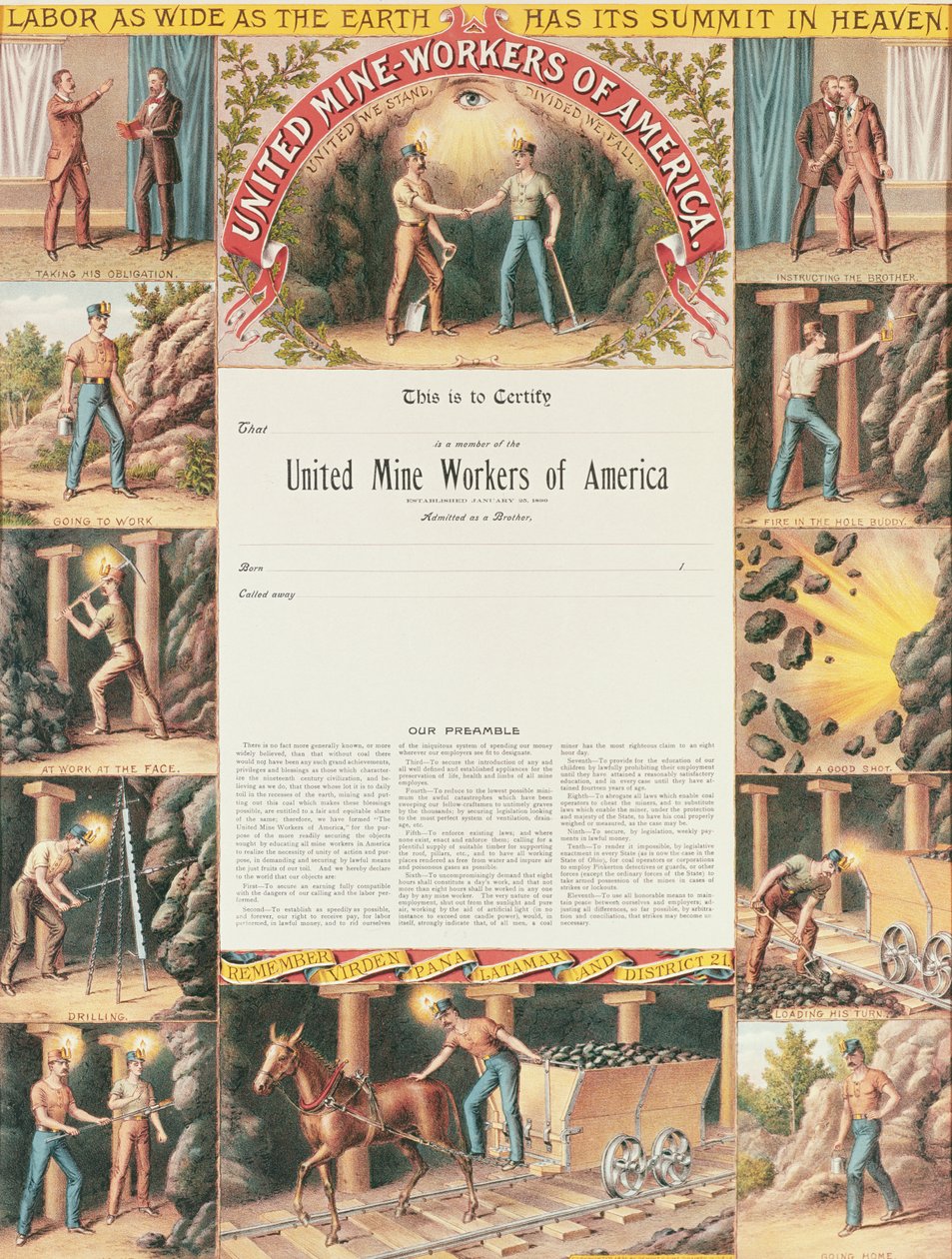 Certificado de Trabalhadores das Minas Unidas, 1890 de American School