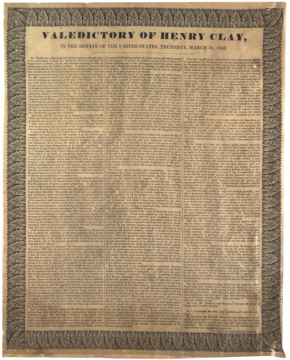 Valedictory of Henry Clay, no Senado dos Estados Unidos, 31 de março de 1842 de American School
