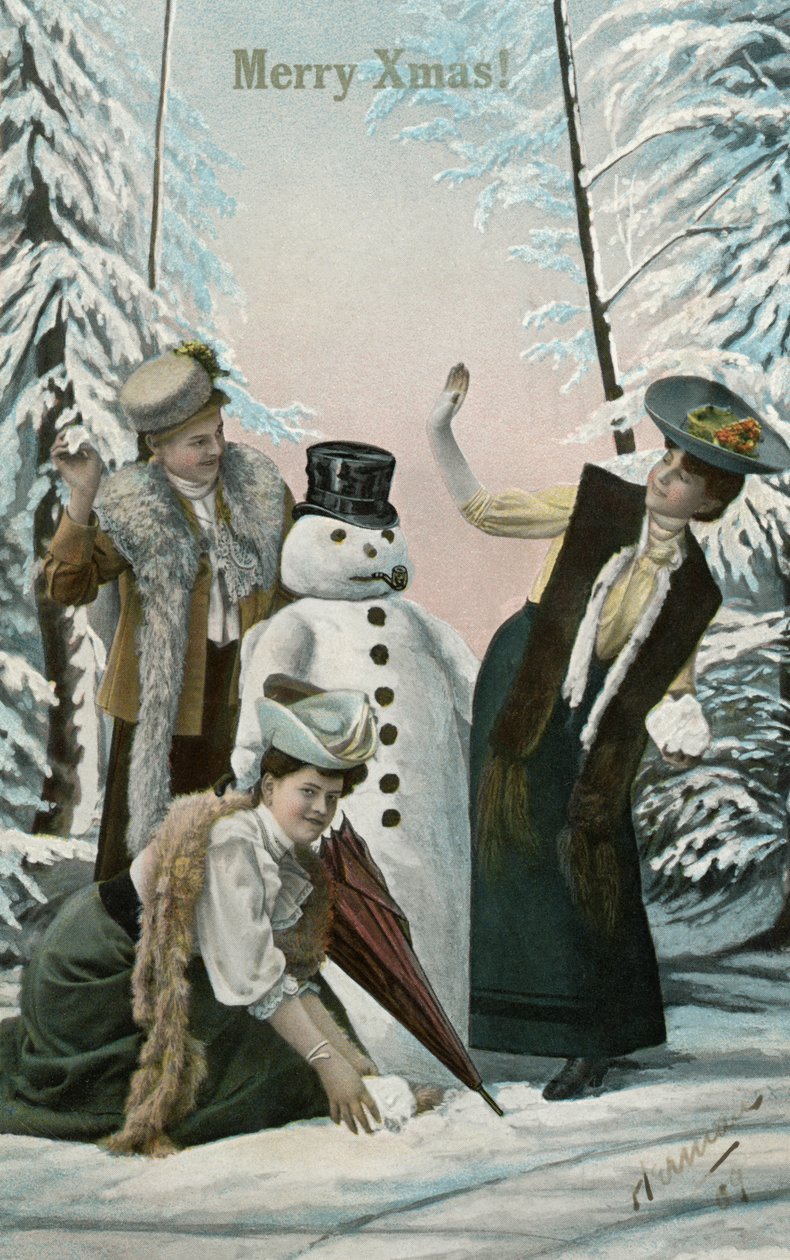 Mulheres vitorianas brincando com o boneco de neve de American School