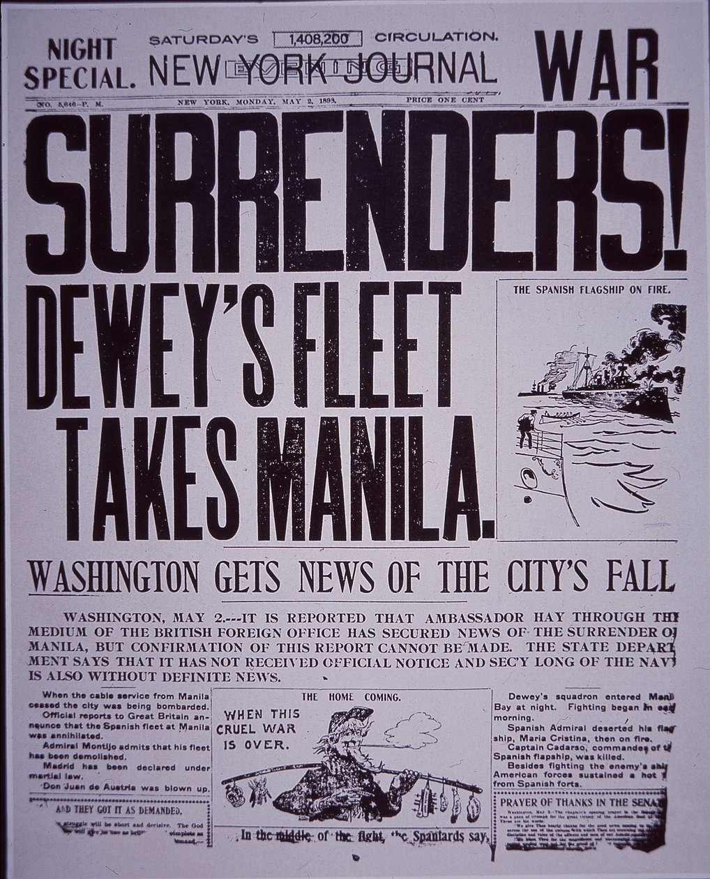 Manchete da vitória no New York Journal, durante a Guerra Hispano-Americana de American School