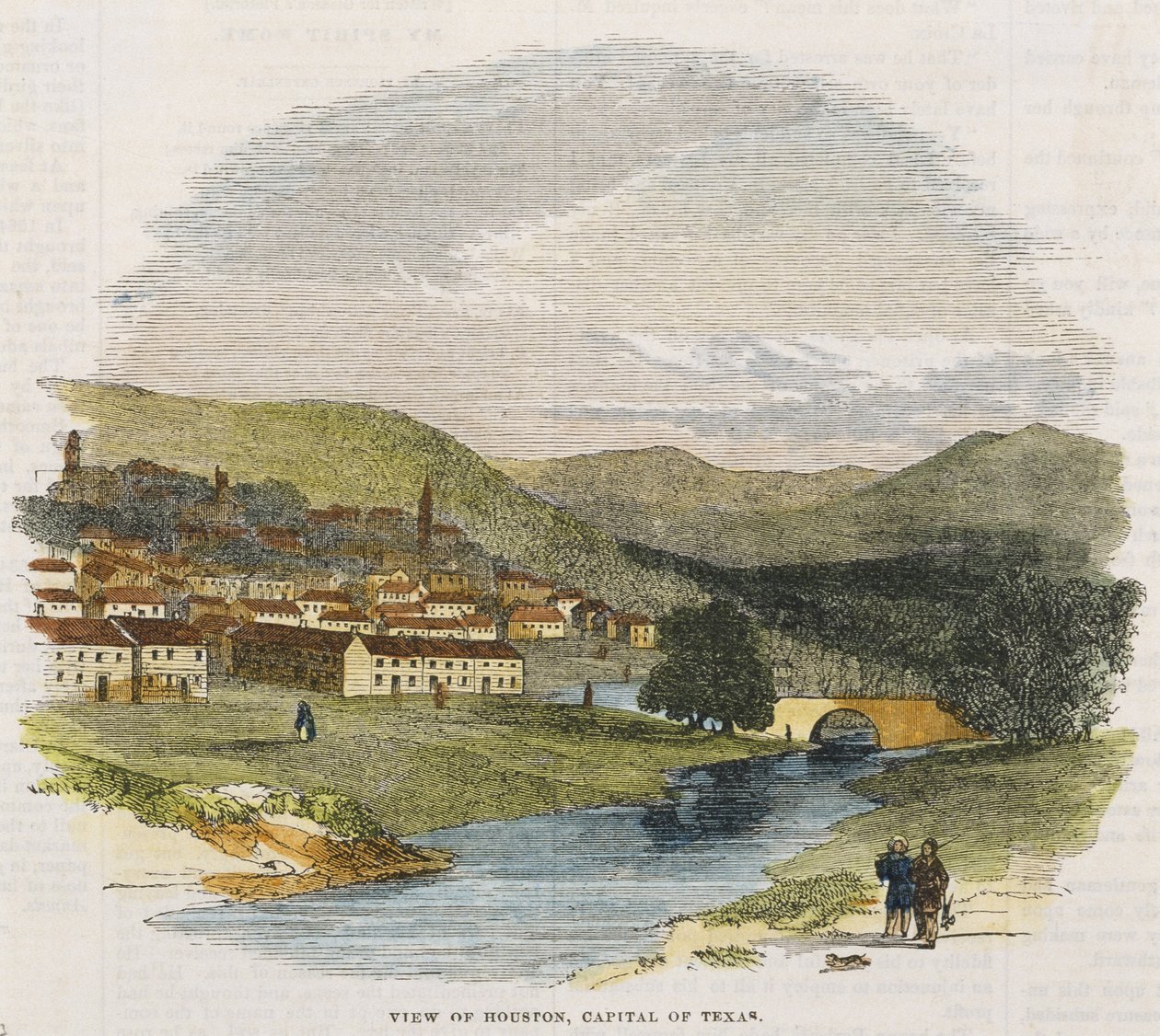 Vista de houston, capital do texas, c. 1852 (gravura em madeira colorida à mão) de American School