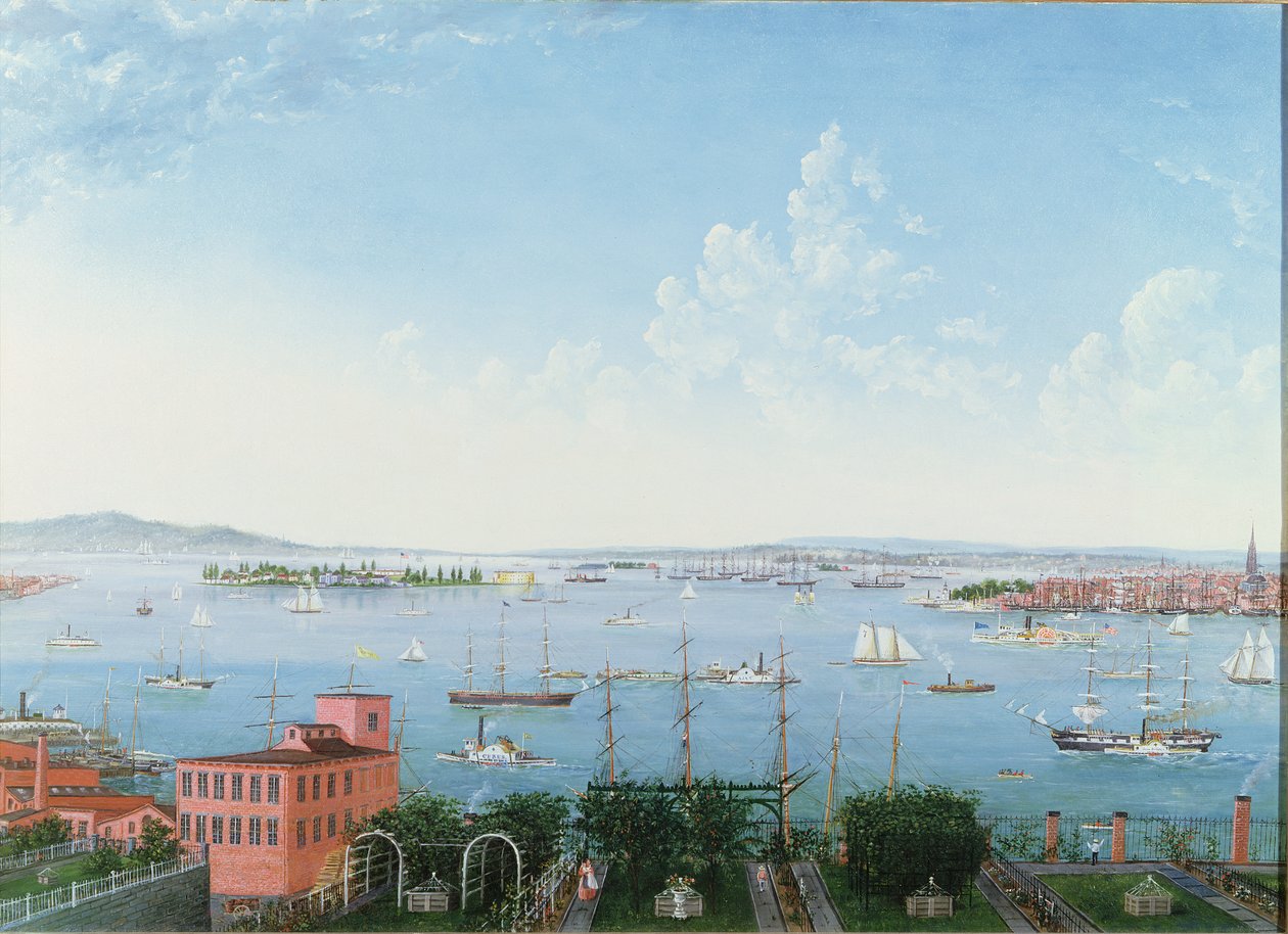 Vista do porto de Nova York de Brooklyn Heights, c.1860 (óleo sobre linho) de American School