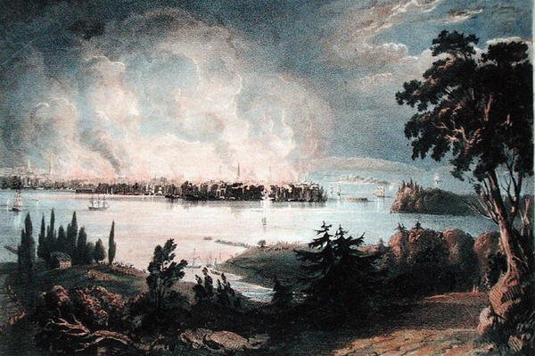 Vista da cidade de Nova York de Weehawk durante o Grande Incêndio, 16 de dezembro de 1835, gravada por Day e Haghe (cor litho) de American School